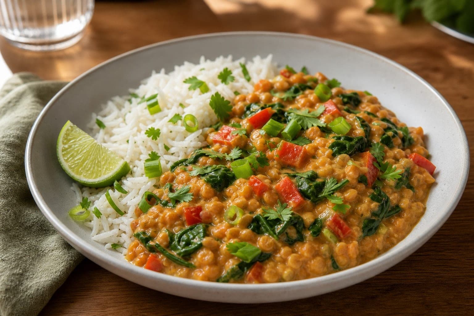 Creamy Coconut Lentil Rice Bowls with Lime plated and ready to serve.