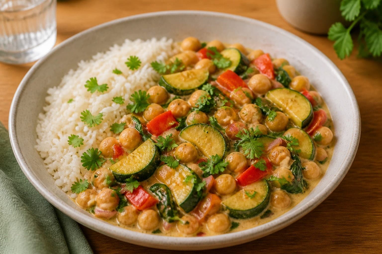 Cod Tomato Chickpea Potato Traybake with Parsley plated and ready to serve.