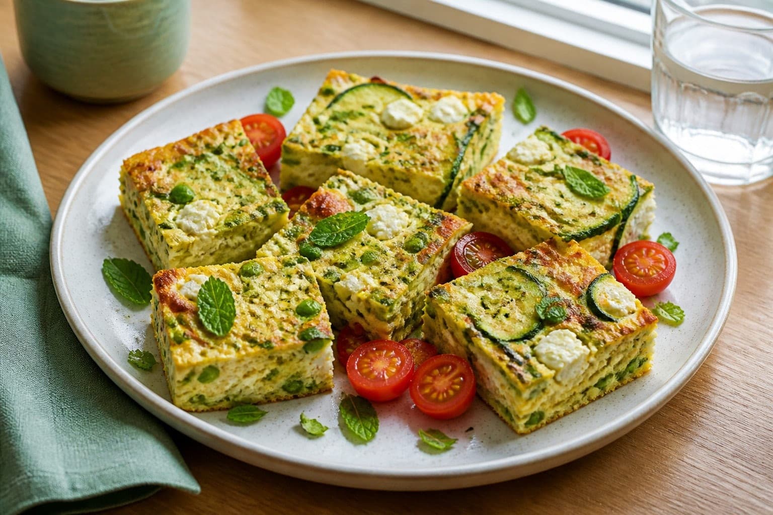 Golden Courgette Feta Frittata Squares with Mint plated and ready to serve.