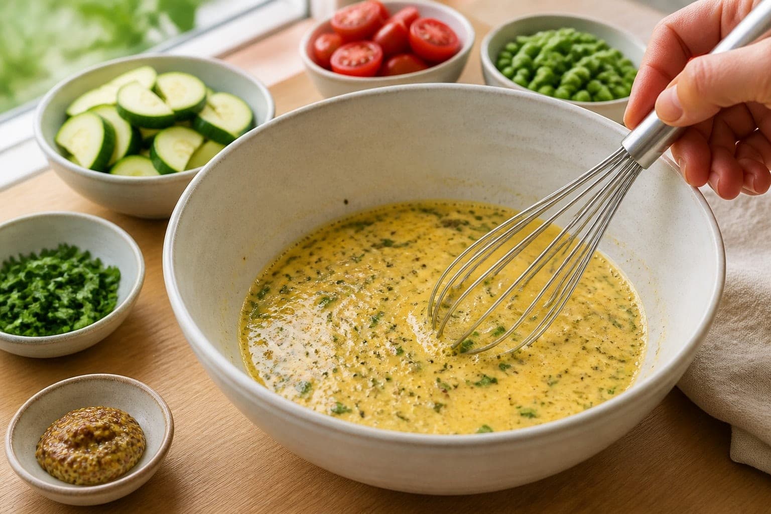 Golden Courgette Feta Frittata Squares with Mint cooking step 3: Whisk the eggs.