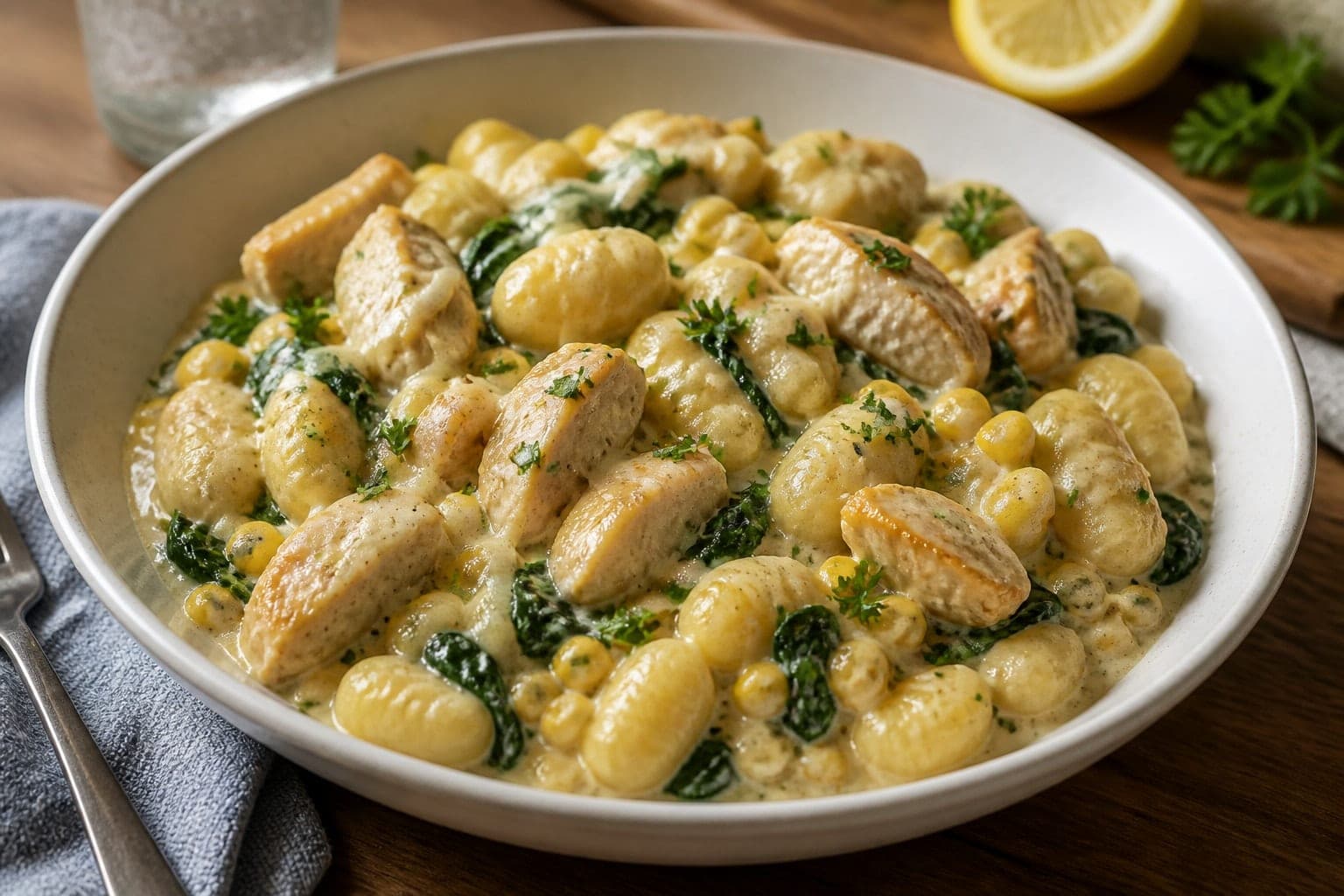 Creamy Chicken Sweetcorn Gnocchi with Spinach plated and ready to serve.