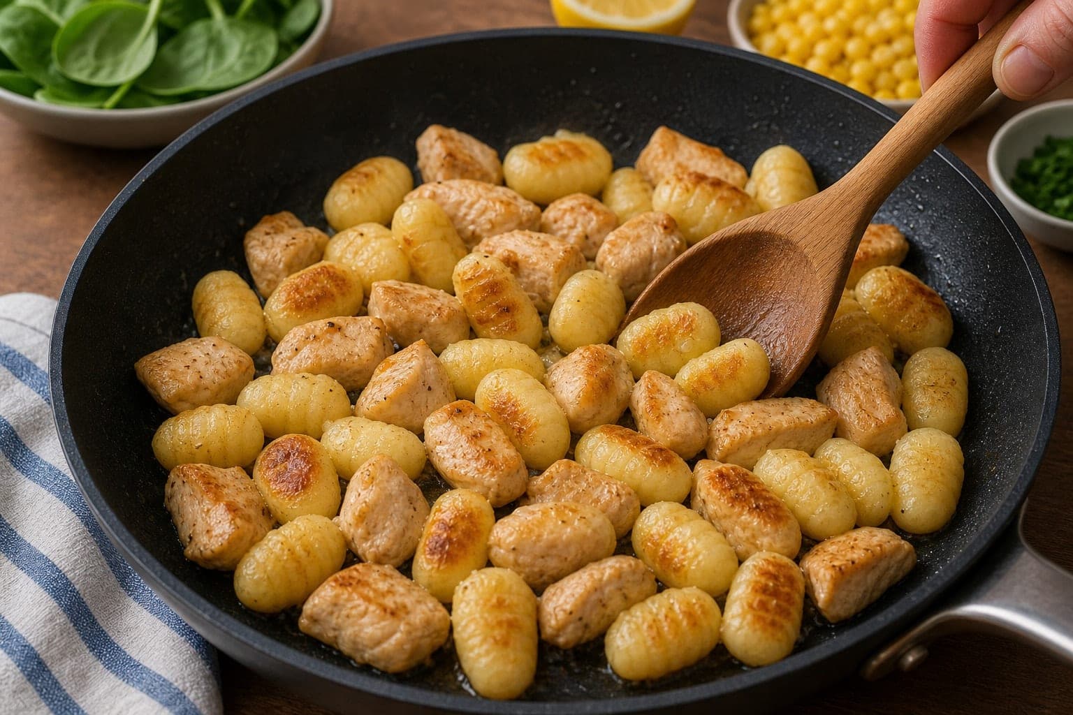 Creamy Chicken Sweetcorn Gnocchi with Spinach cooking step 3: Crisp the gnocchi.