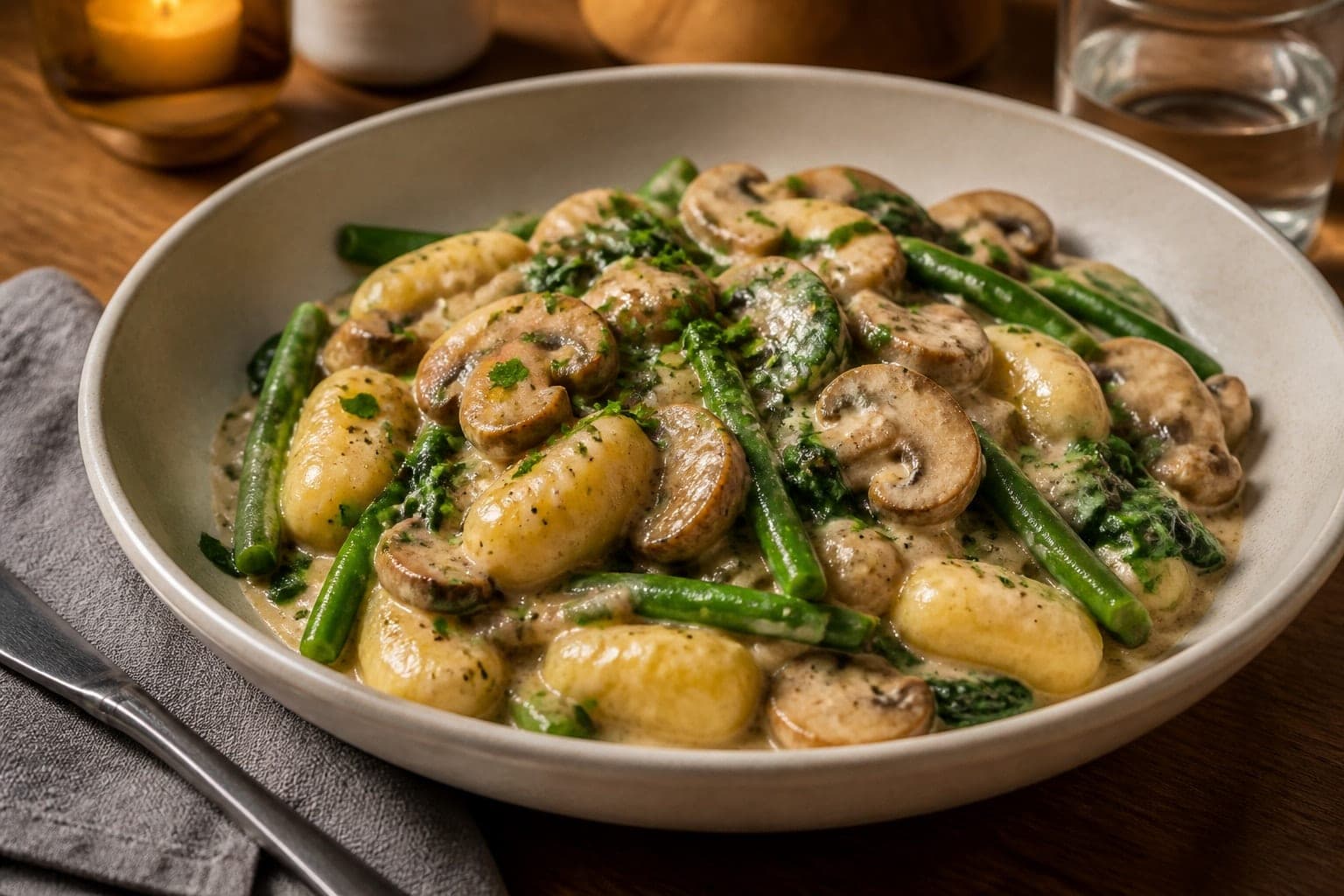 Creamy Mushroom Stroganoff Gnocchi with Green Beans plated and ready to serve.