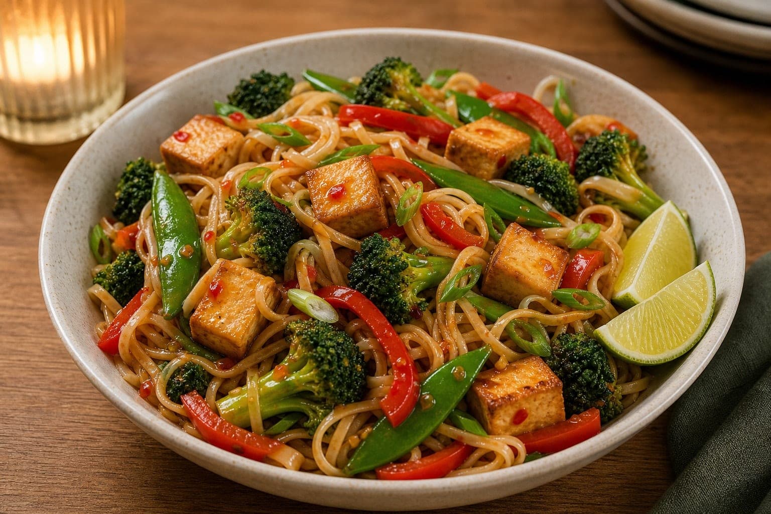 Ginger Tofu Rice Noodle Stir Fry with Broccoli plated and ready to serve.