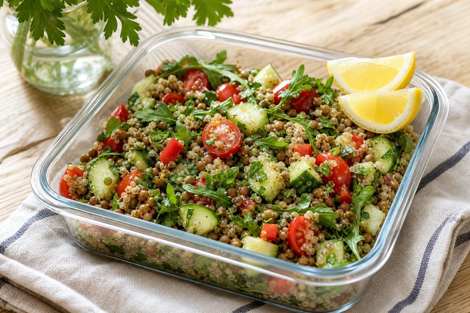 Green Lentil Quinoa Salad Boxes with Lemon Mustard Dressing plated and ready to serve.