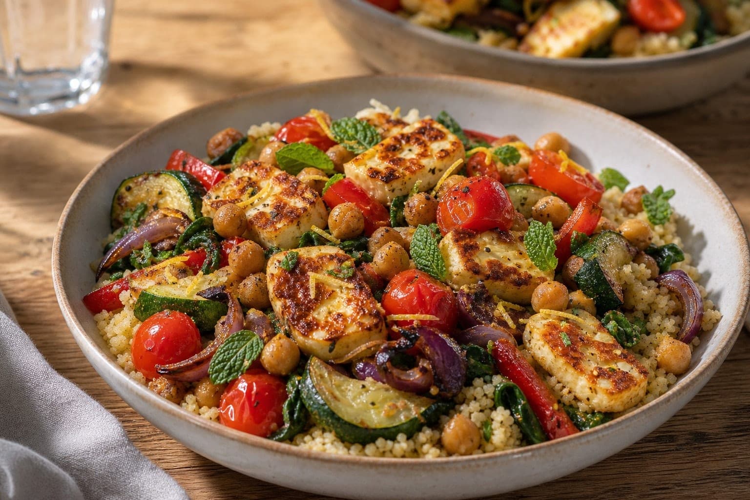 Golden Halloumi Chickpea Traybake with Lemon Couscous plated and ready to serve.
