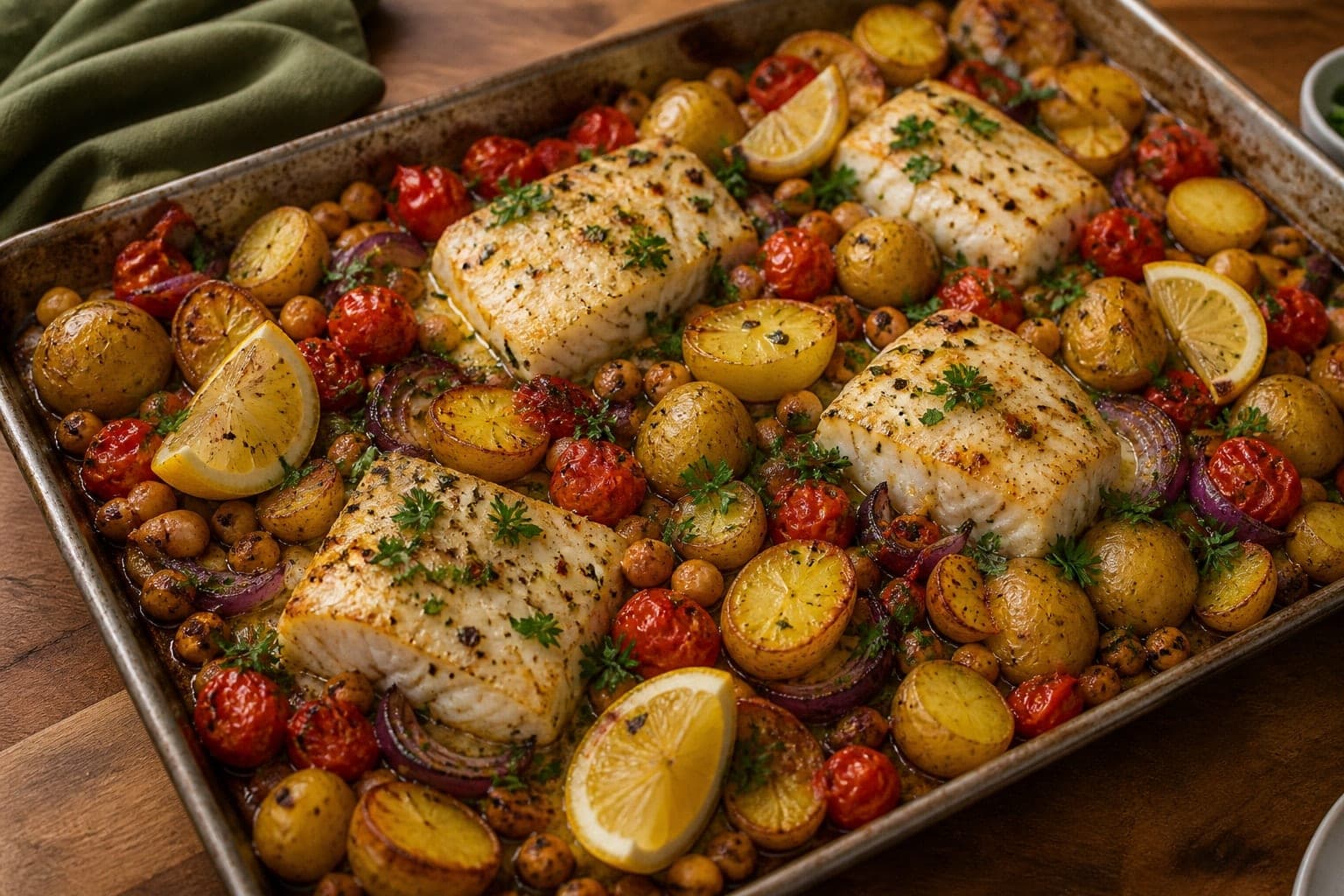 Halloumi Pepper Gnocchi Traybake with Basil Pesto plated and ready to serve.