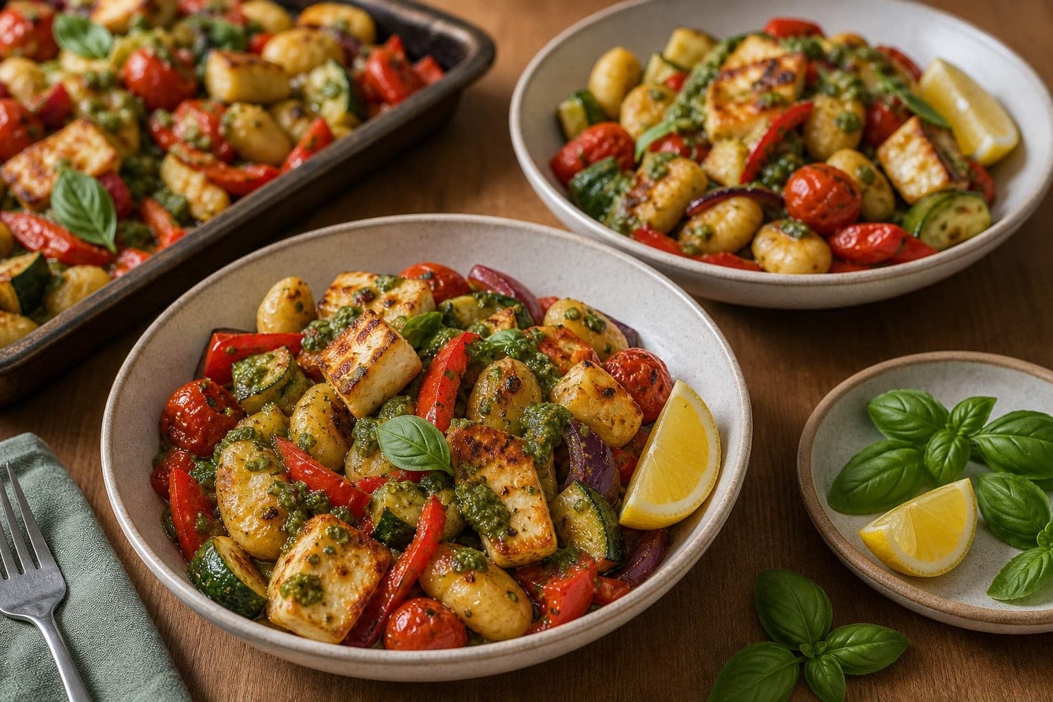 Halloumi Pepper Gnocchi Traybake with Basil Pesto cooking step 6: Serve the traybake.