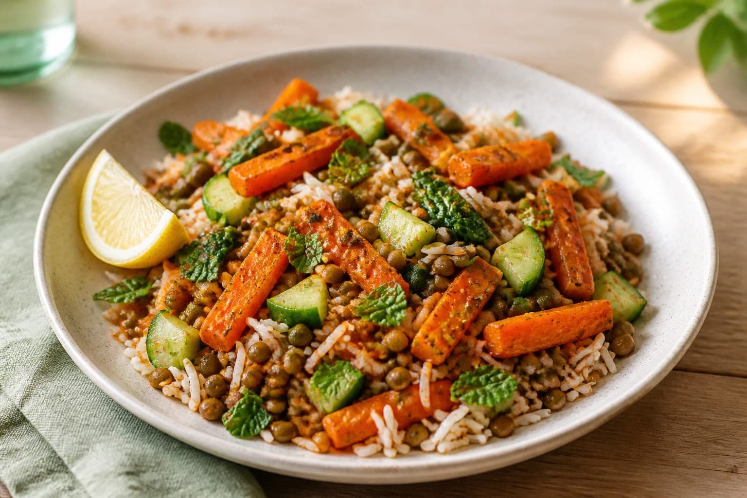 Harissa Carrot Lentil Rice Boxes with Mint and Cucumber plated and ready to serve.