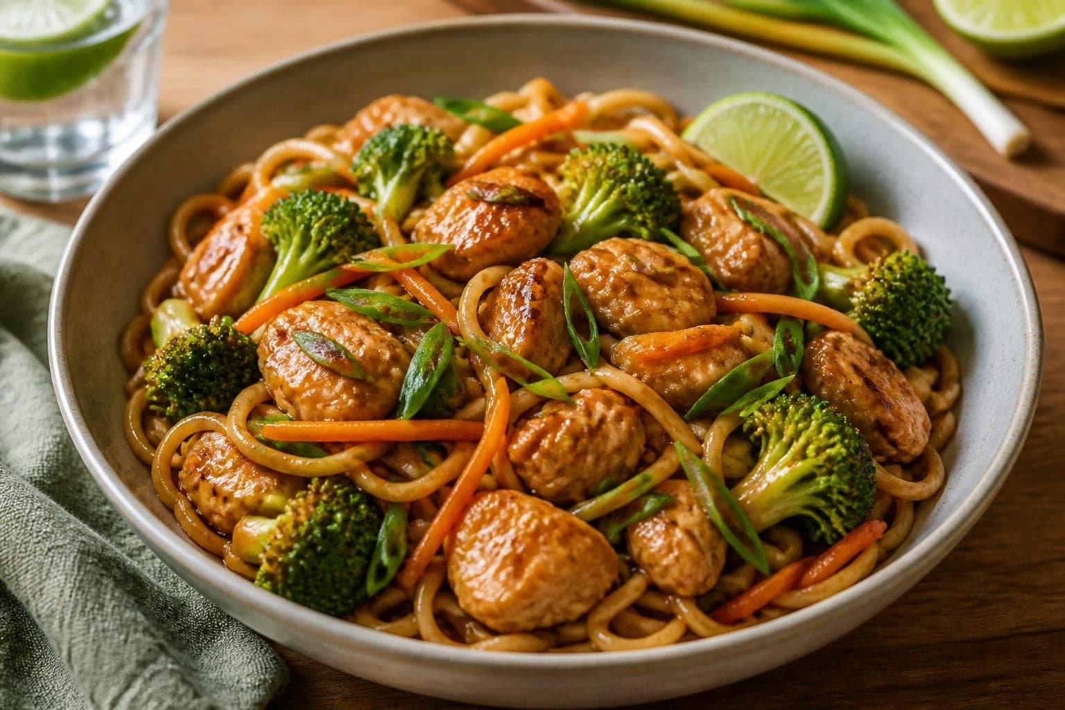 Honey Soy Chicken Noodles with Broccoli and Lime plated and ready to serve.