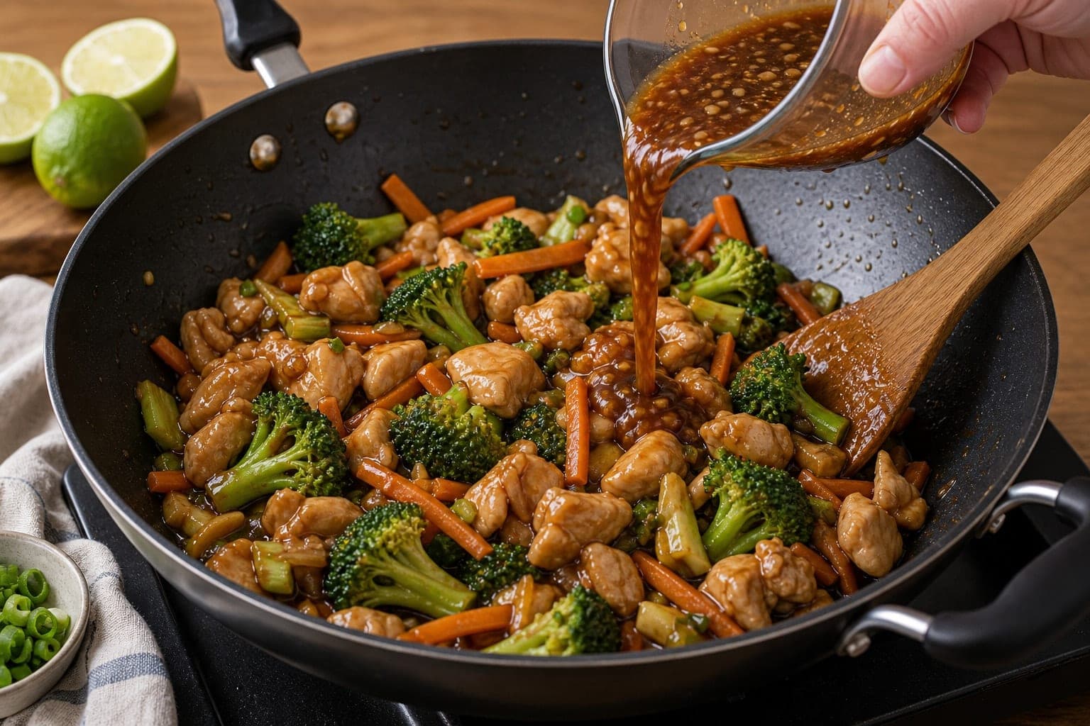 Honey Soy Chicken Noodles with Broccoli and Lime cooking step 6: Glaze with sauce.