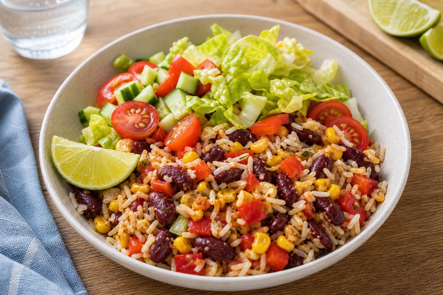 Kidney Bean Corn Taco Rice Boxes with Lime and Coriander plated and ready to serve.