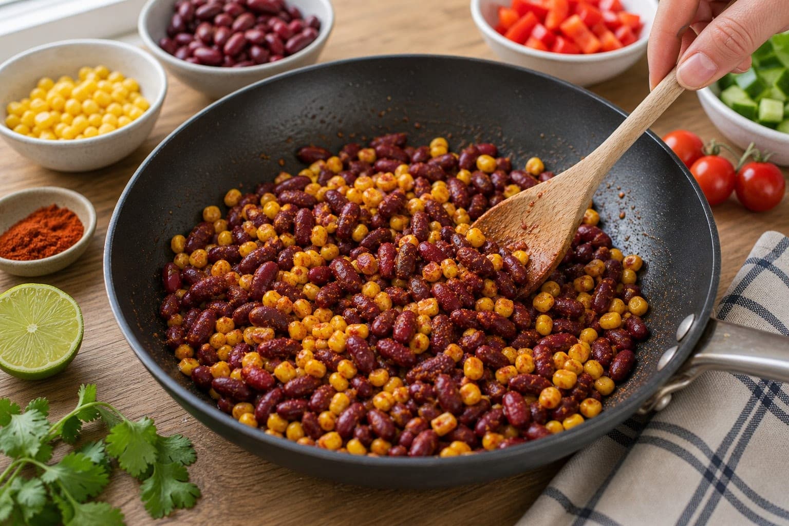 Kidney Bean Corn Taco Rice Boxes with Lime and Coriander cooking step 2: Warm the beans.