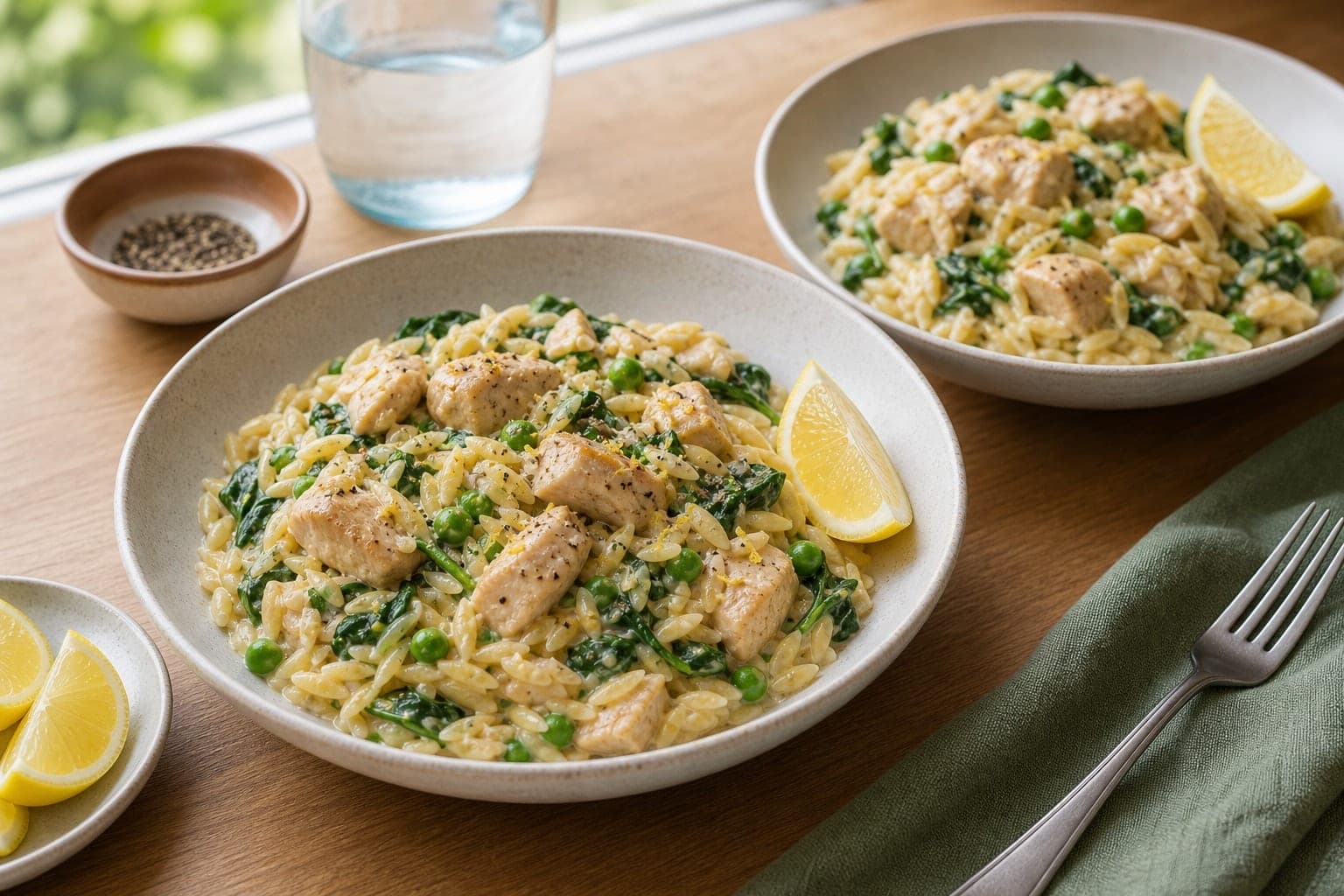 Lemon Chicken Orzo with Peas and Spinach cooking step 7: Serve the orzo.