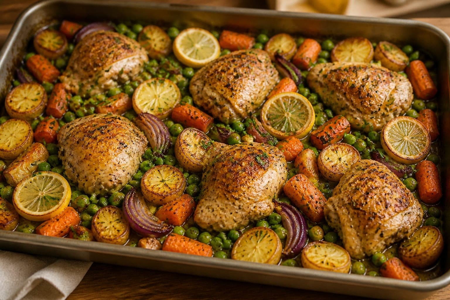 Golden Lemon Chicken Potato Traybake with Peas and Parsley plated and ready to serve.