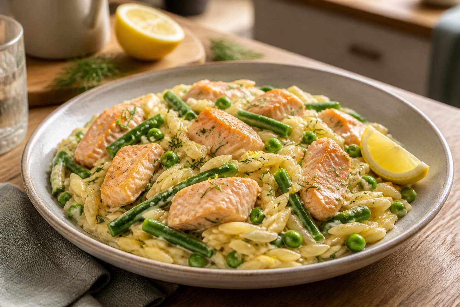 Lemon Salmon Green Bean Orzo with Dill plated and ready to serve.