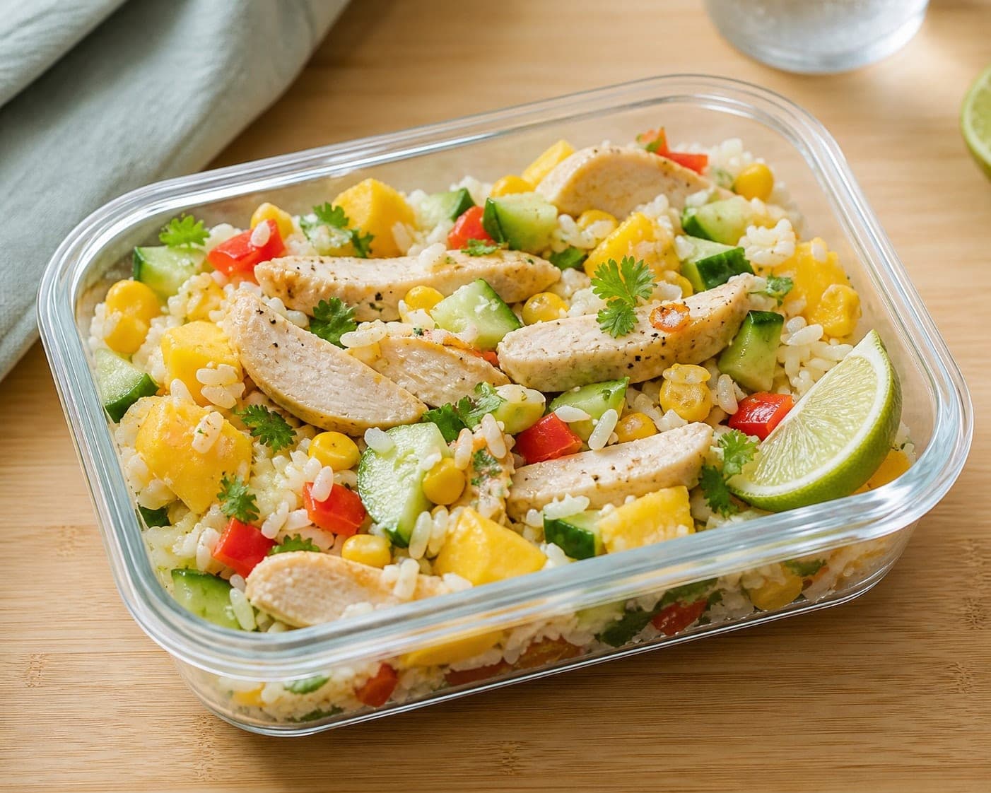Lime Chicken Mango Rice Salad Boxes with Coriander plated and ready to serve.