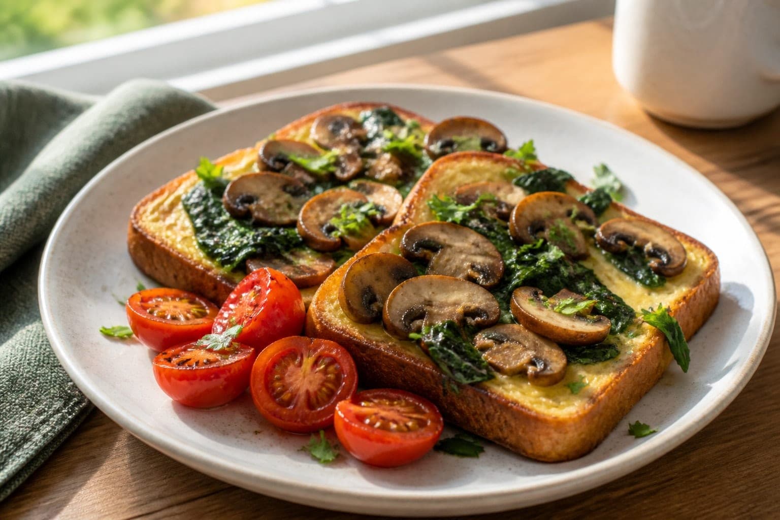 Mushroom Spinach Eggy Toasts with Tomatoes plated and ready to serve.