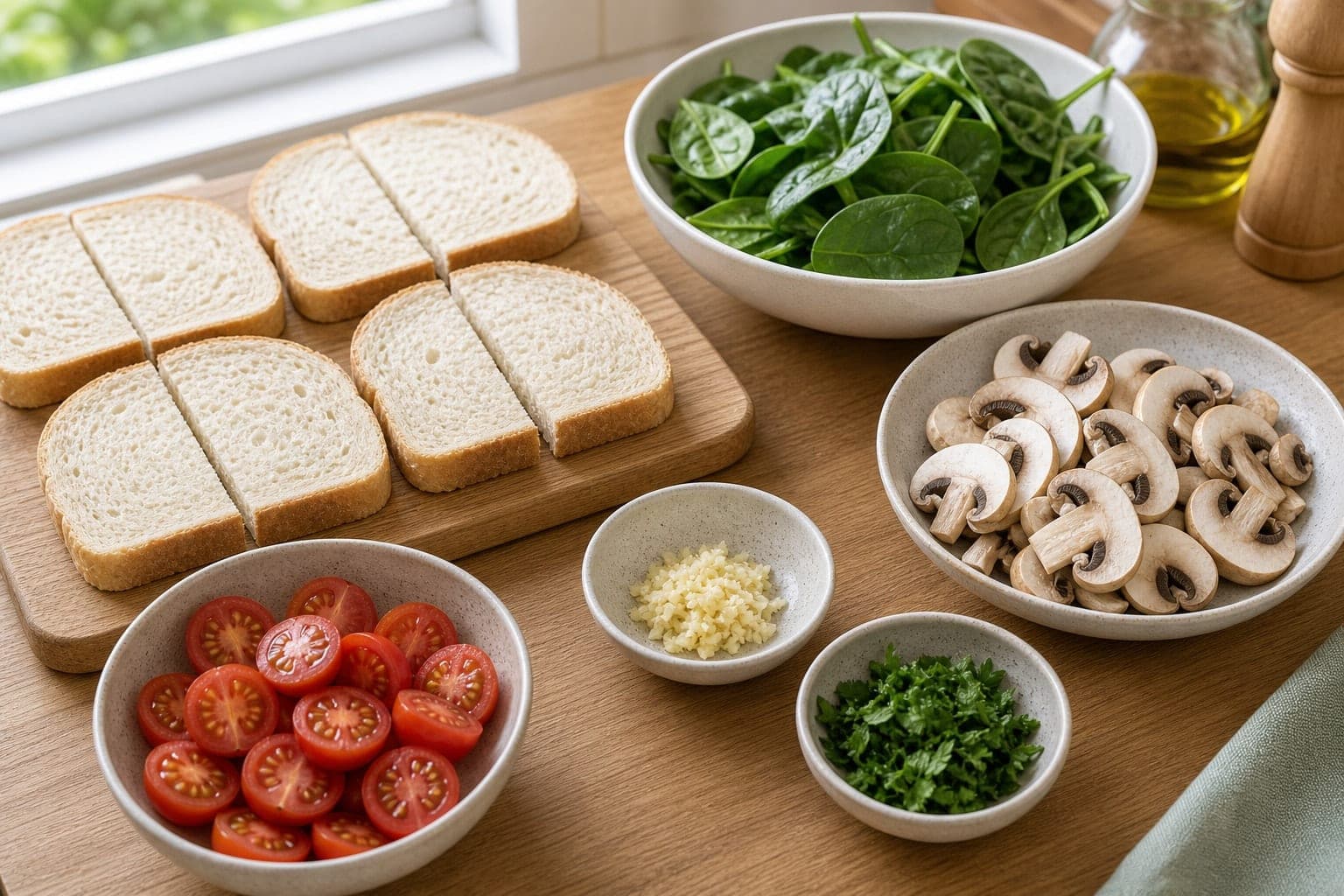 Mushroom Spinach Eggy Toasts with Tomatoes cooking step 1: Prep the vegetables.
