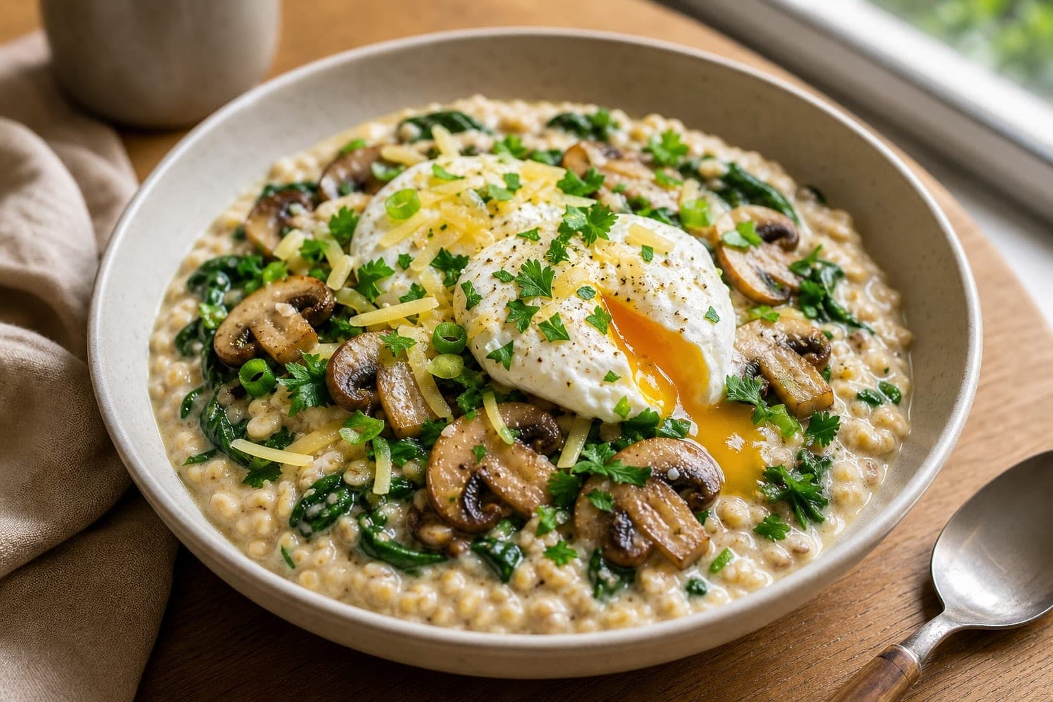 Creamy Mushroom Spinach Savoury Oat Bowls with Parsley plated and ready to serve.