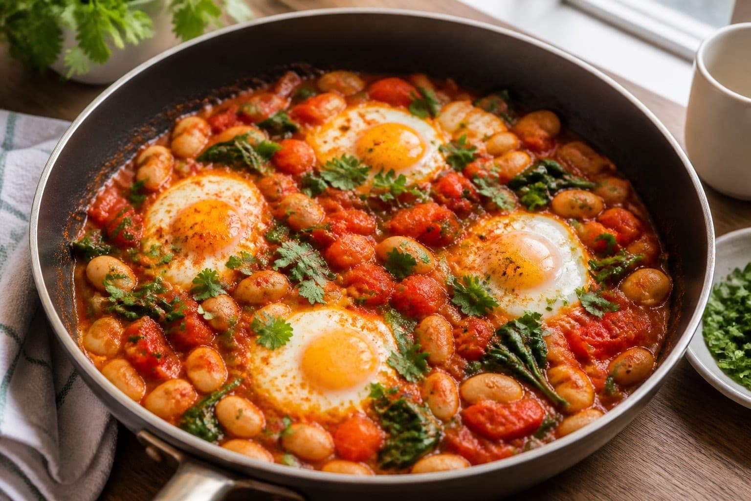 Paprika Butter Bean Eggs with Tomatoes and Coriander plated and ready to serve.