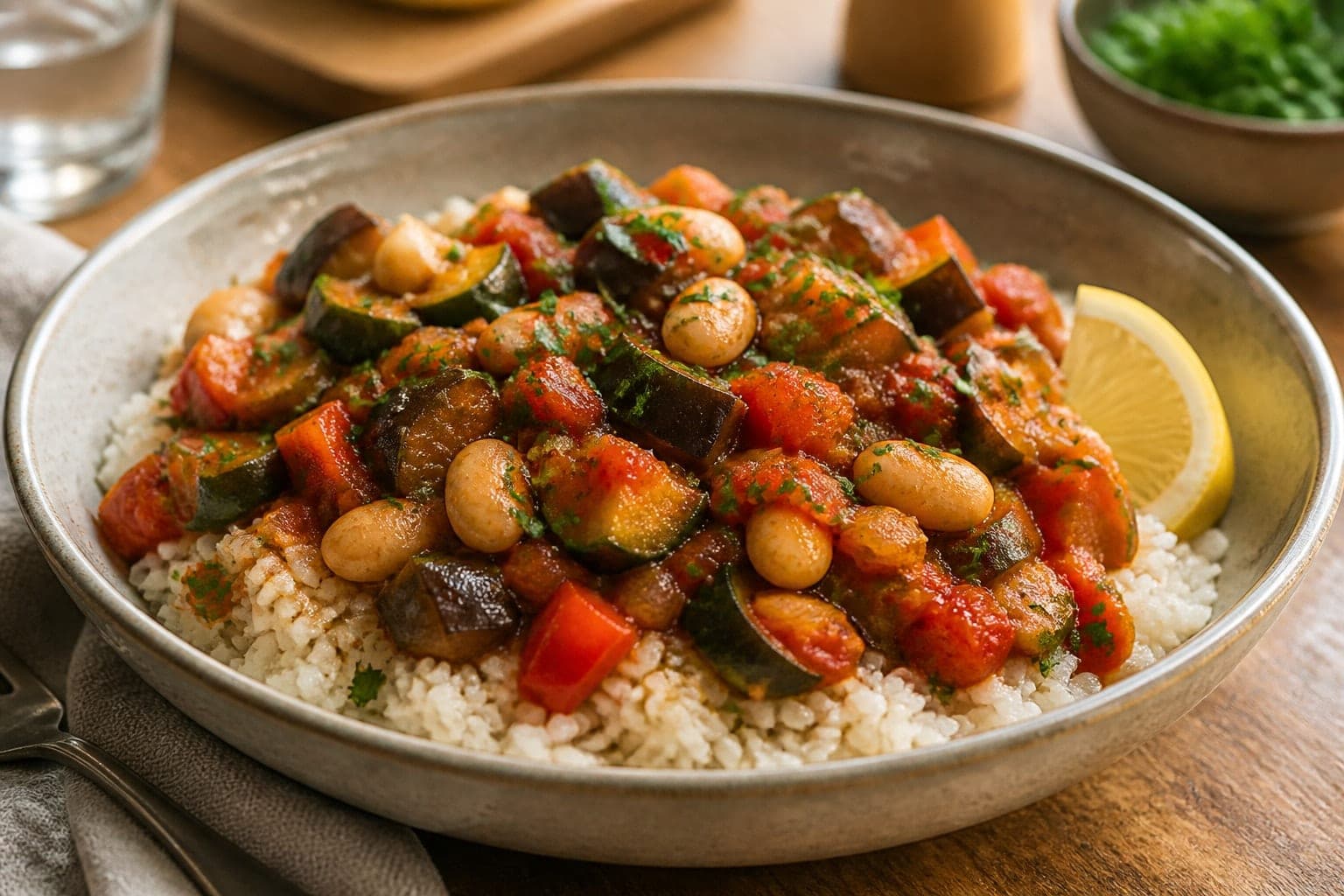 Saucy Ratatouille Butter Bean Rice with Parsley plated and ready to serve.