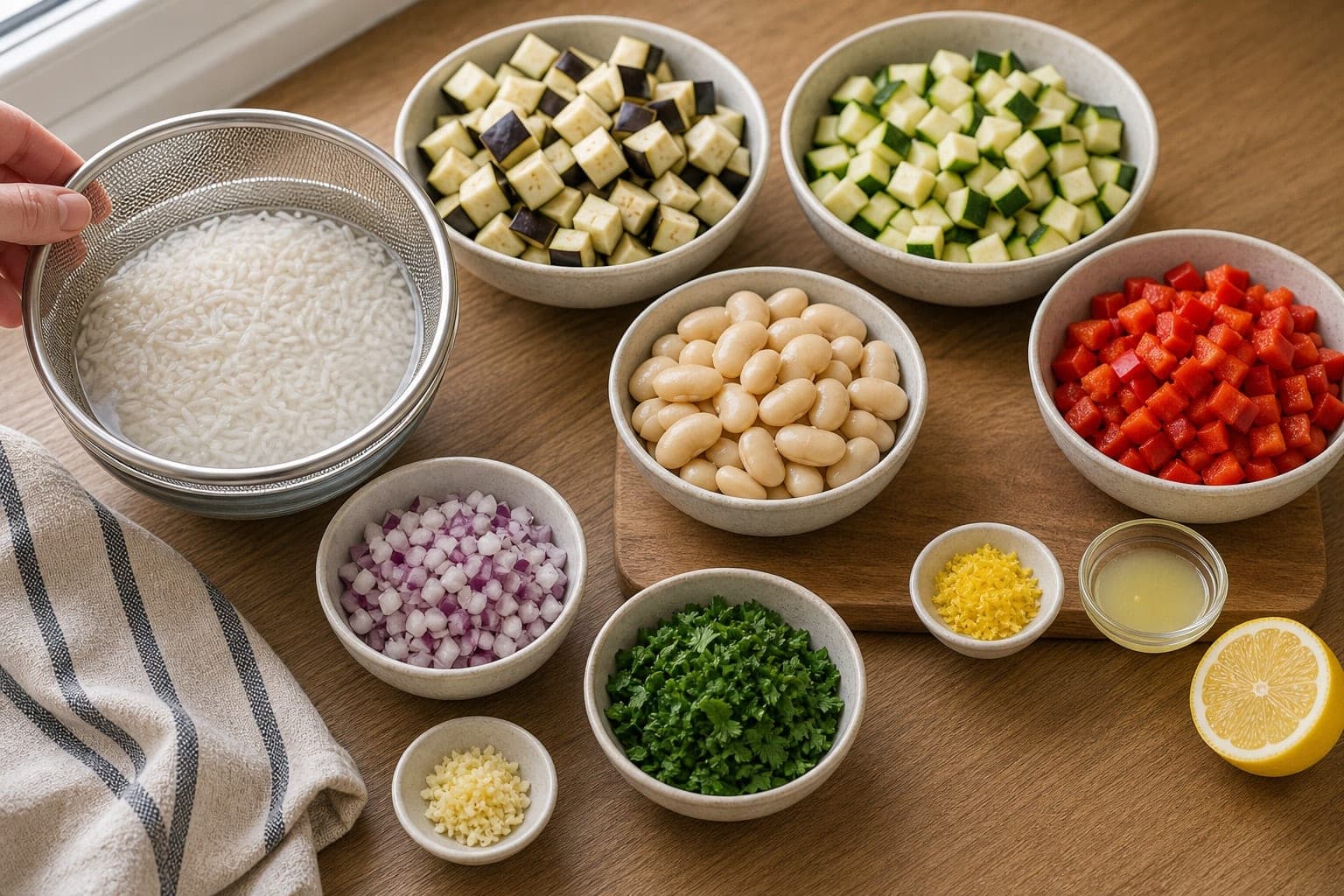 Saucy Ratatouille Butter Bean Rice with Parsley cooking step 1: Prep the vegetables.