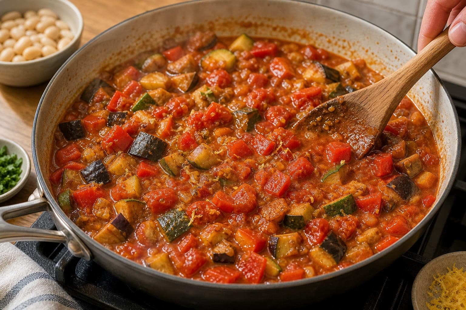 Saucy Ratatouille Butter Bean Rice with Parsley cooking step 4: Simmer the tomato sauce.