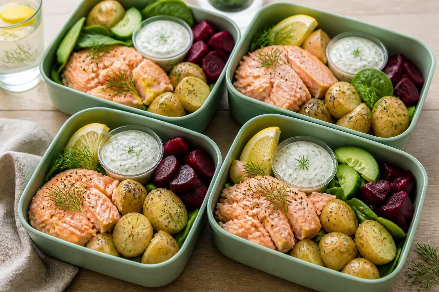 Salmon Beetroot Potato Boxes with Dill Yoghurt plated and ready to serve.