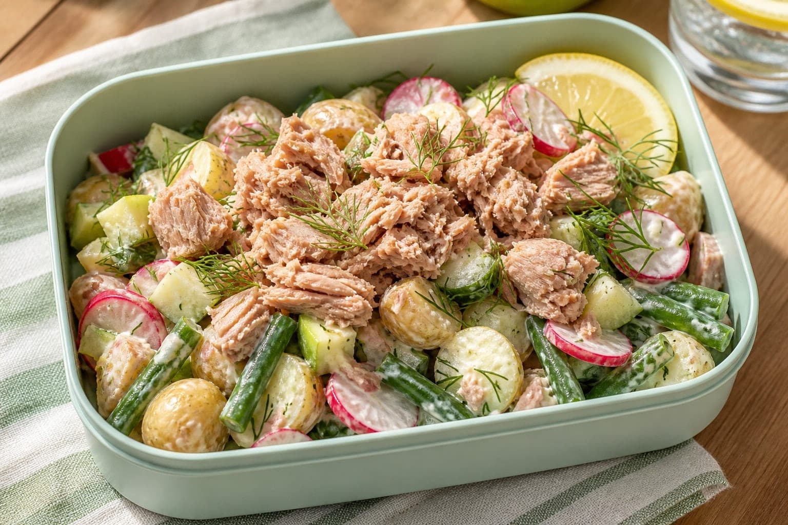 Tuna Potato Salad Boxes with Apple and Dill plated and ready to serve.