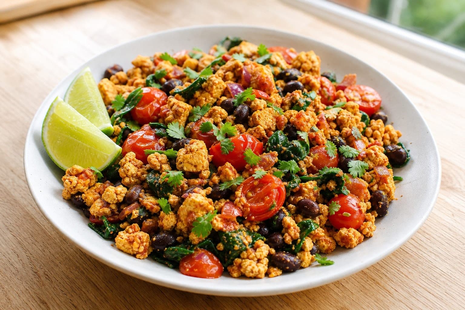 Smoky Tomato Tofu Scramble with Black Beans plated and ready to serve.