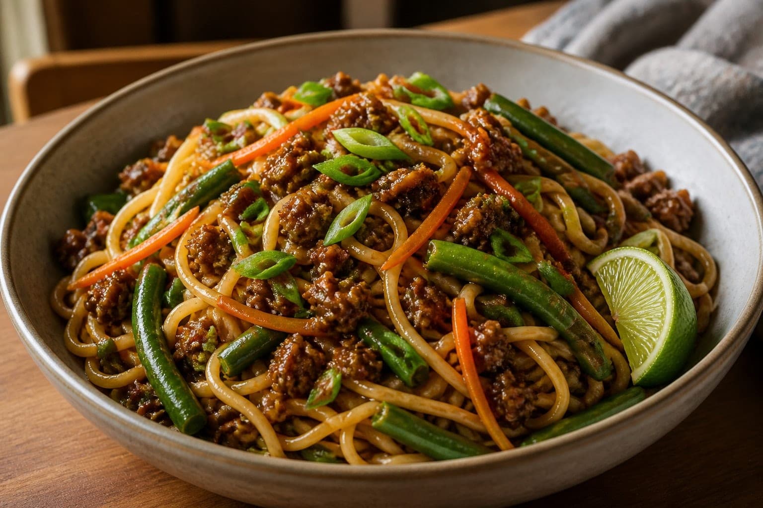 Sticky Pork Green Bean Noodles with Lime plated and ready to serve.