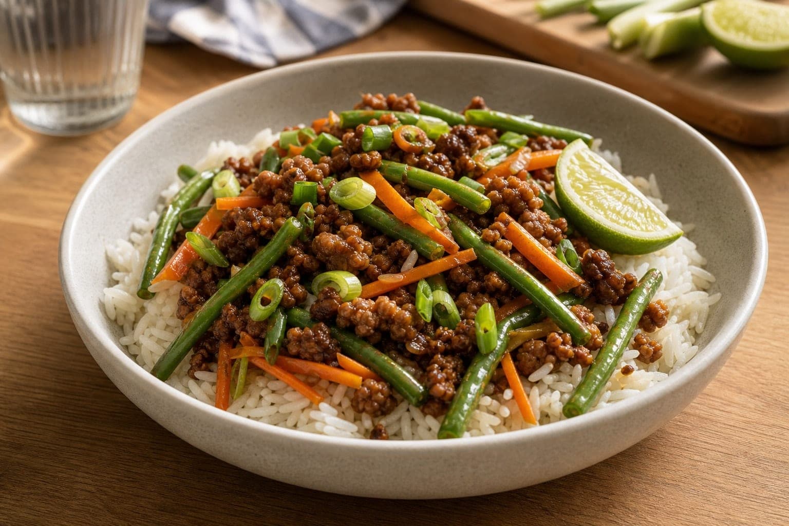 Sticky Pork Green Bean Rice Bowls with Lime plated and ready to serve.
