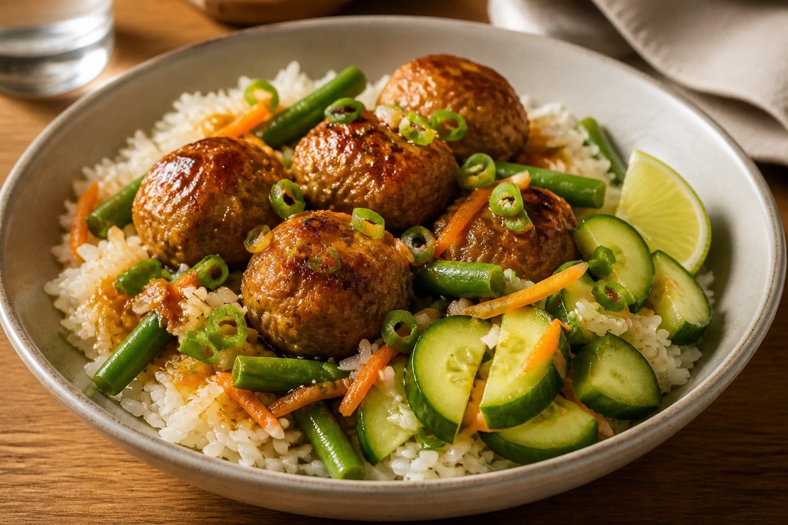 Sticky Turkey Meatball Rice Bowls with Cucumber Pickle plated and ready to serve.