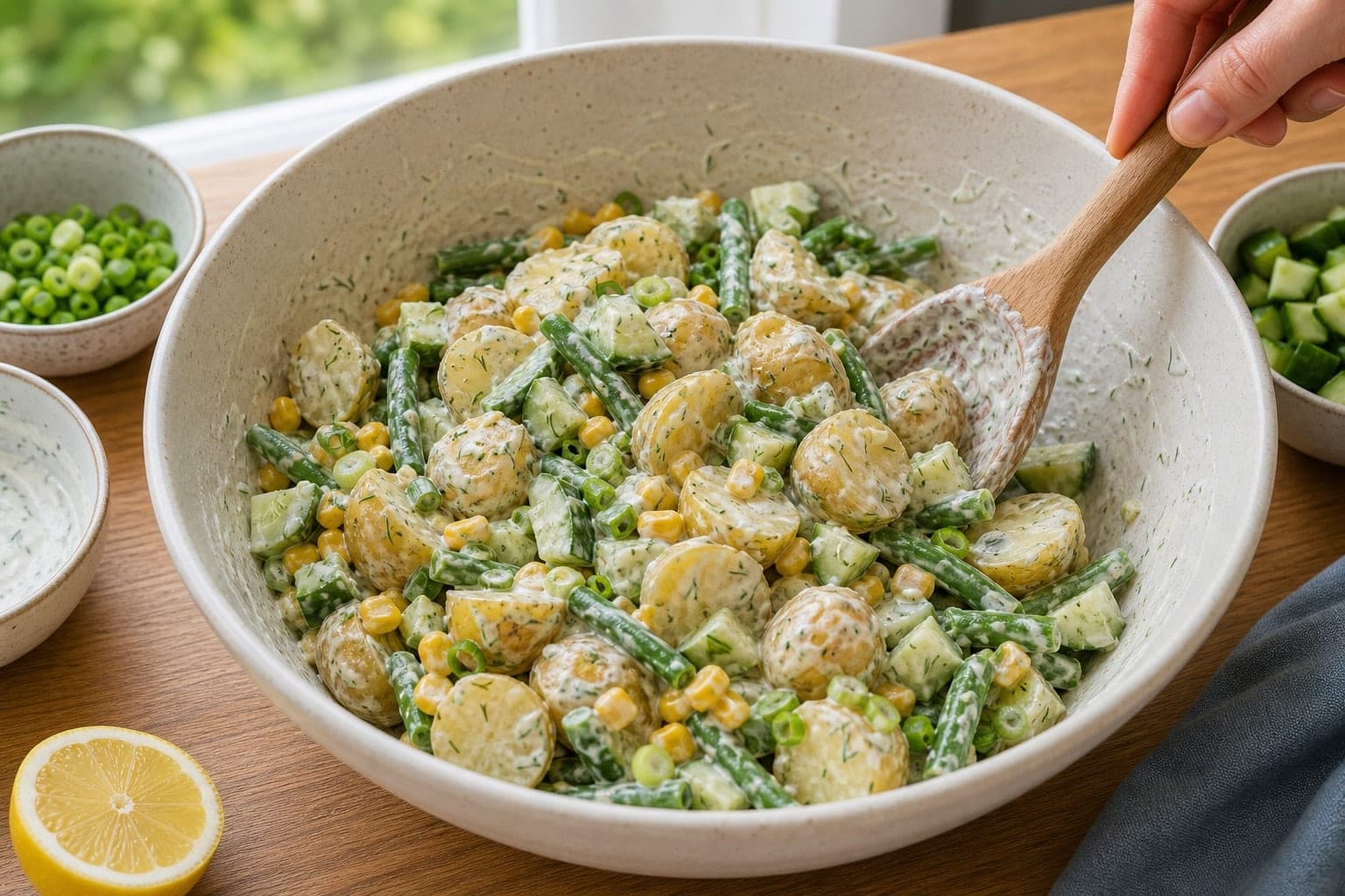 Tuna Sweetcorn Potato Boxes with Dill Yoghurt cooking step 4: Combine the potatoes and veg.