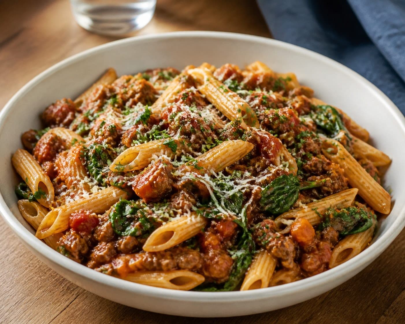 Beef Tomato Ragu with Pasta and Spinach plated and ready to serve.