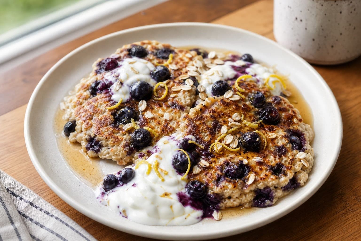 Blueberry Yoghurt Oat Pancakes with Lemon plated and ready to serve.