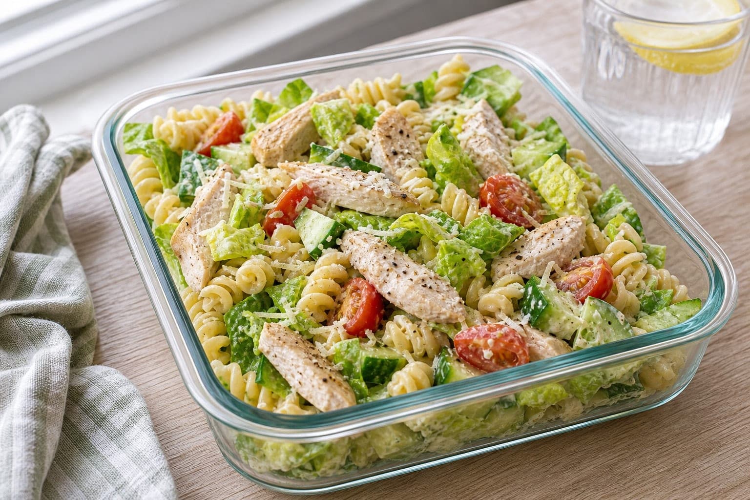 Chicken Caesar Pasta Salad Boxes with Cucumber Crunch plated and ready to serve.