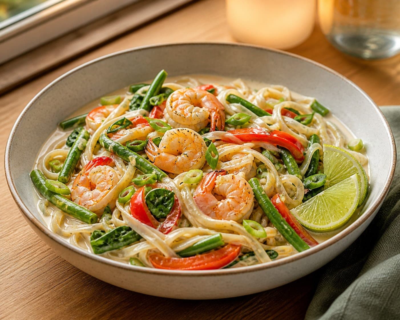 Coconut Prawn Rice Noodles with Green Beans and Lime plated and ready to serve.
