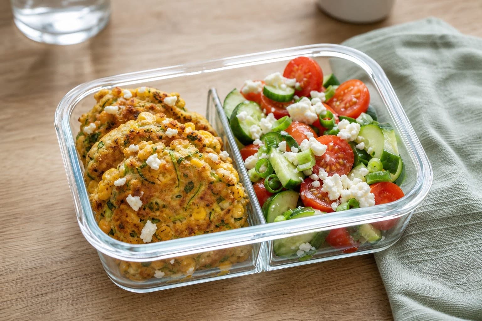 Courgette Sweetcorn Fritter Boxes with Tomato Salad plated and ready to serve.
