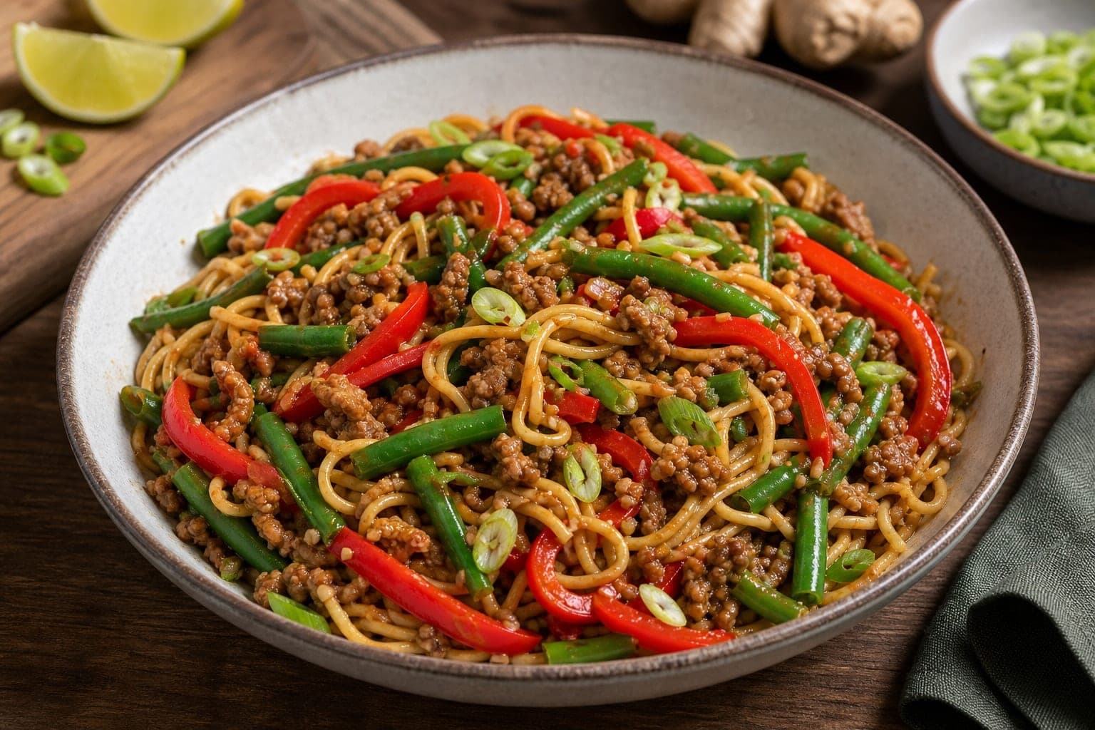 Ginger Pork Noodle Stir-Fry with Green Beans and Peppers plated and ready to serve.