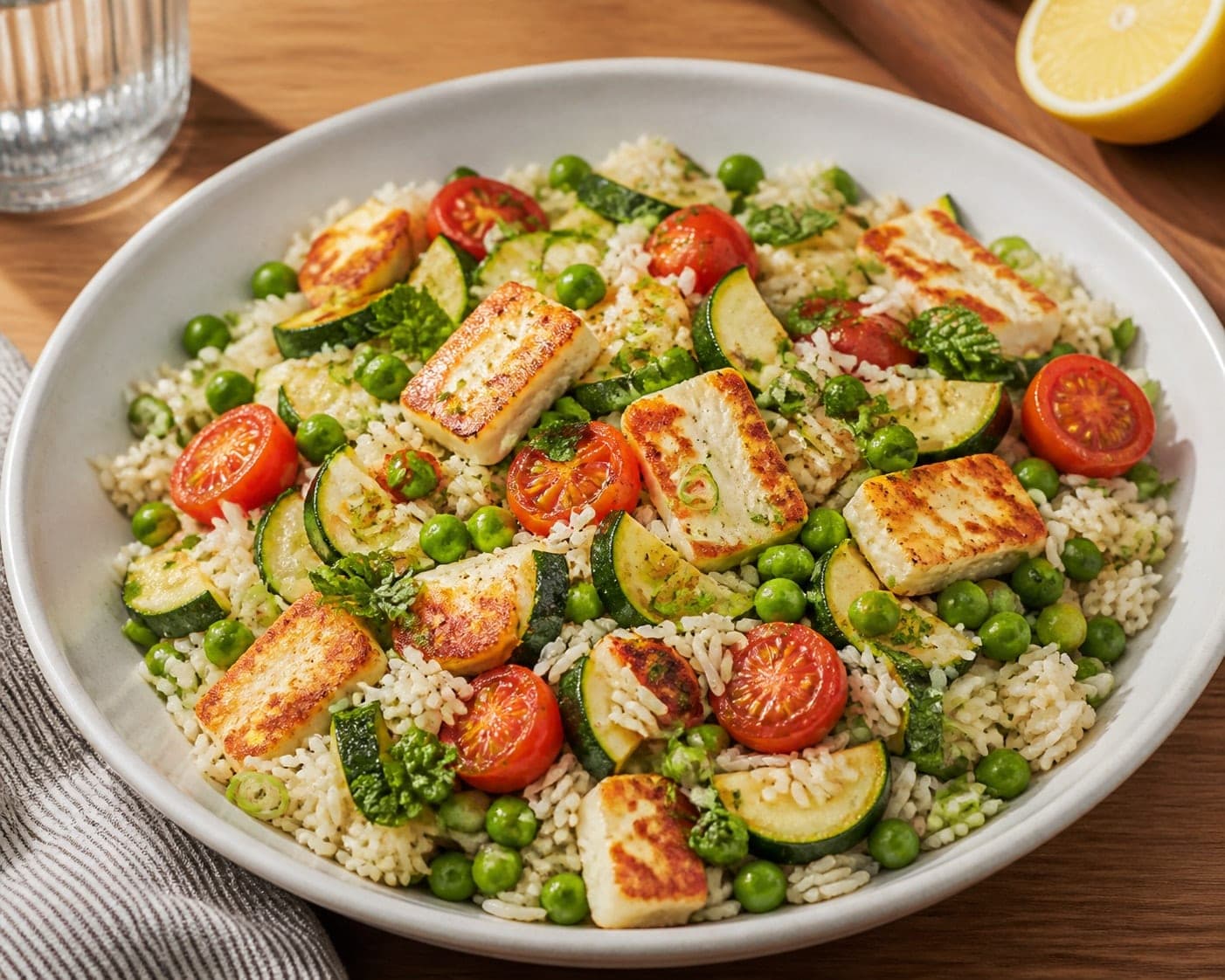 Golden Halloumi Courgette Rice Skillet with Peas and Mint plated and ready to serve.