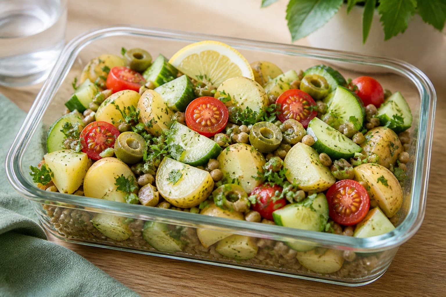 Lemon Lentil Potato Salad Boxes with Herby Cucumber plated and ready to serve.