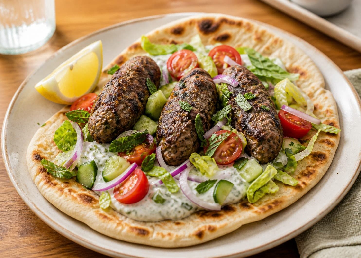 Minted Lamb Kofta Flatbreads with Cucumber Yoghurt plated and ready to serve.