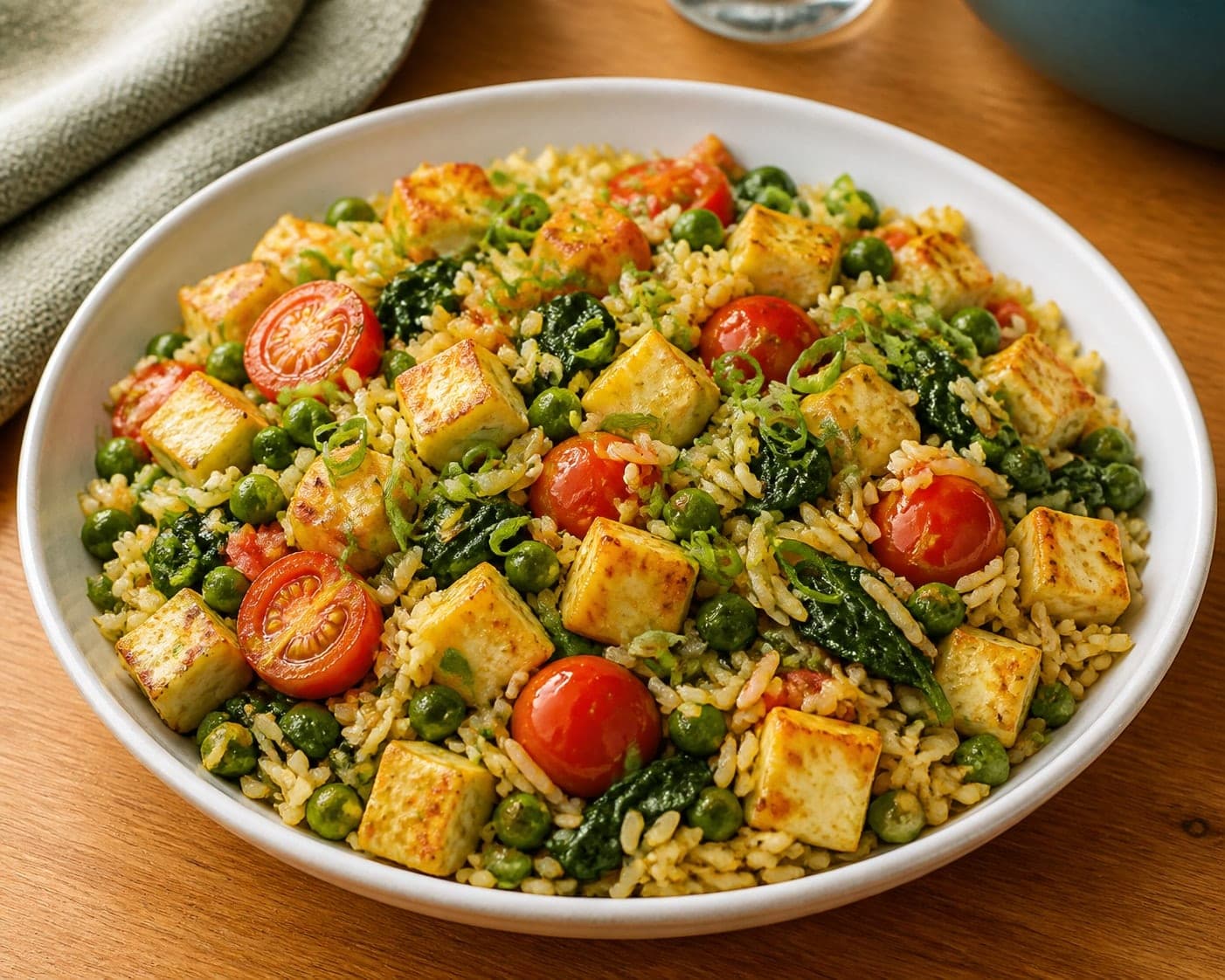 Golden Paneer Pea Fried Rice with Spinach and Lemon plated and ready to serve.
