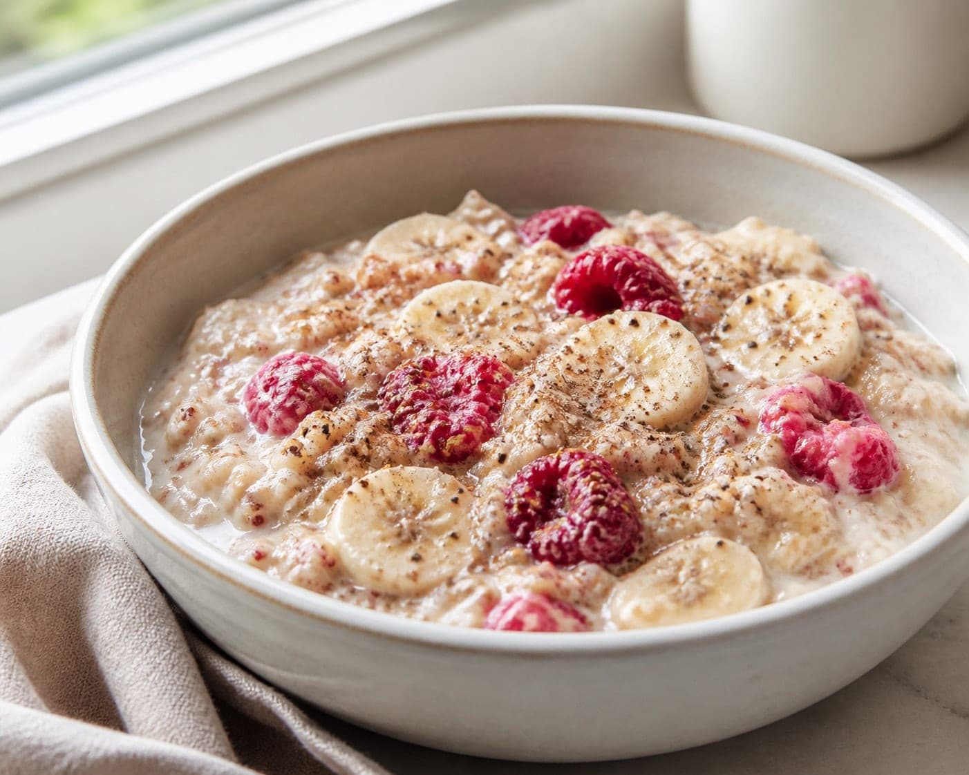 Creamy Raspberry Coconut Quinoa Porridge with Chia plated and ready to serve.