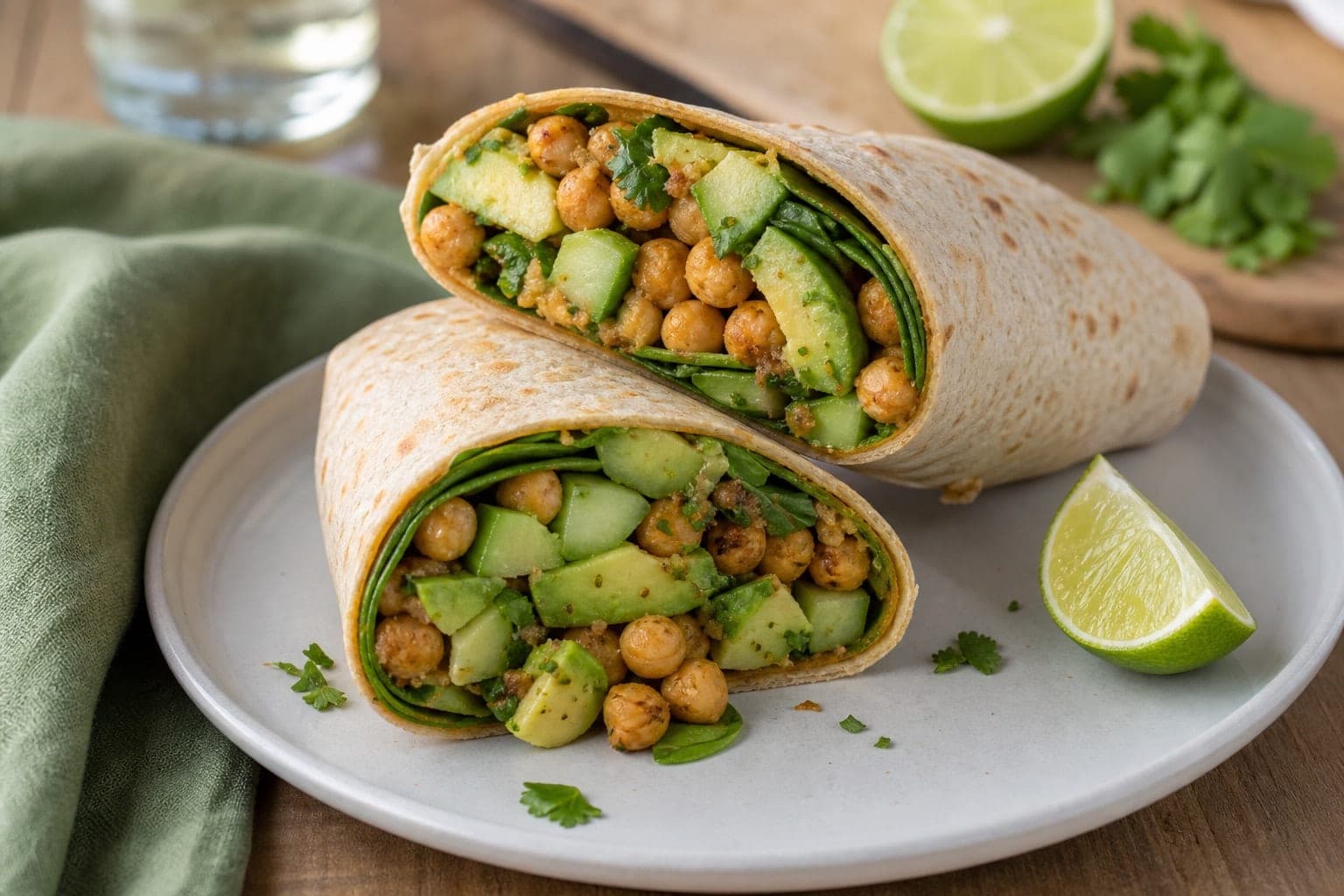 Spiced Chickpea Avocado Wraps with Lime Cucumber plated and ready to serve.