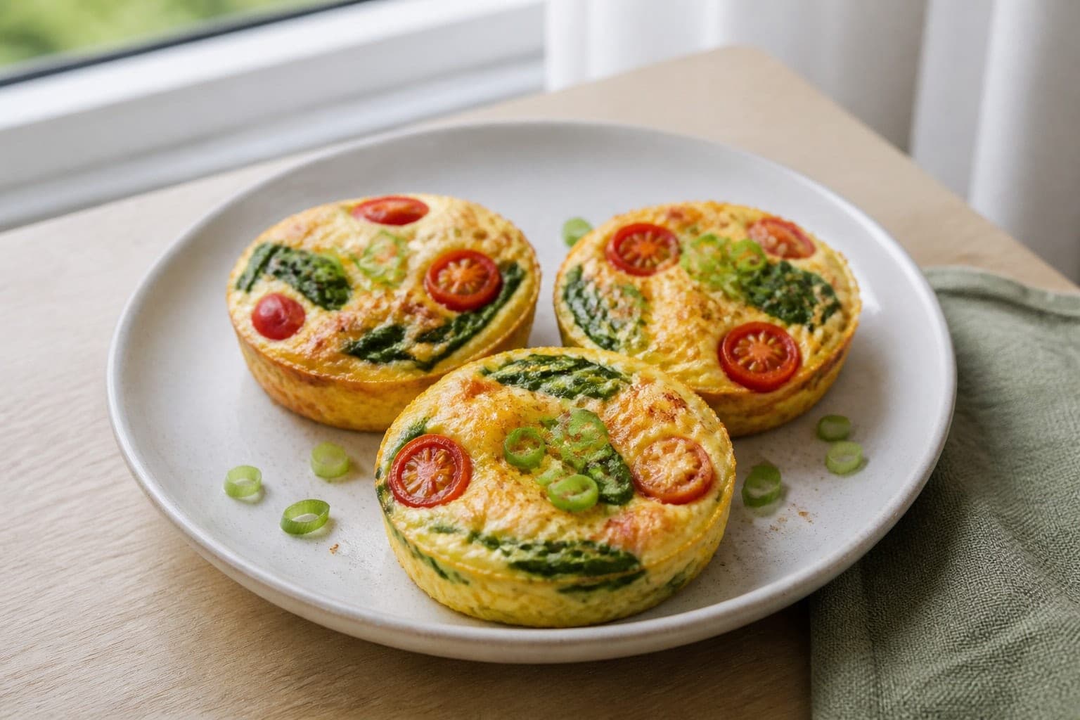 Spinach Cheddar Egg Muffin Tray with Tomatoes plated and ready to serve.