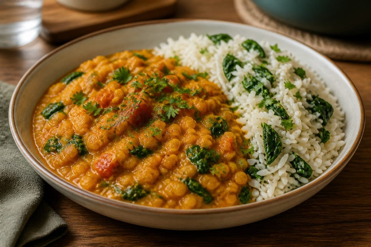 Tomato Coconut Red Lentil Dal with Spinach Rice plated and ready to serve.