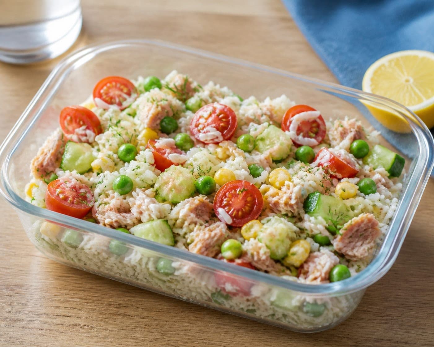 Tuna Cucumber Rice Salad Boxes with Dill and Lemon plated and ready to serve.